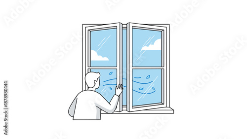Person opening a clean home window to allow fresh air and gentle breezes to flow inside illustration