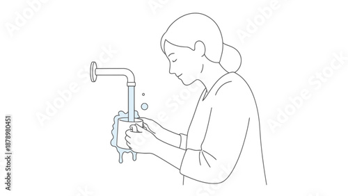 Woman washes hands with running water from faucet at sink for hygiene and cleanliness concept illustration