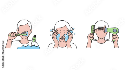 Person brushing teeth washing face and drying hair routine morning preparation hygiene personal care daily habits health self care activities hygiene