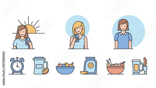 Morning Routine Activities Healthy Lifestyle Icons Set Symbolizing Daily Habits And Wellness Concepts For Modern Living
