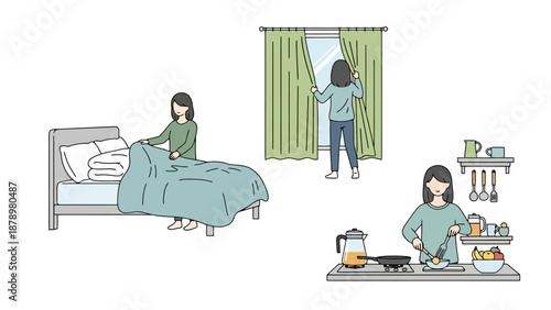 Woman Wakes Up Makes Bed Opens Curtains And Starts Cooking Breakfast In Her Kitchen Morning Routine Lifestyle Activities