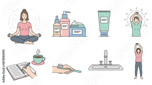 Collection of Icons Representing Self Care Practices Including Meditation Skincare and Healthy Habits Digital Art Isolated on White Background