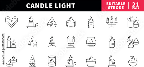 Candle light editable line icons set. flame and relaxation symbols