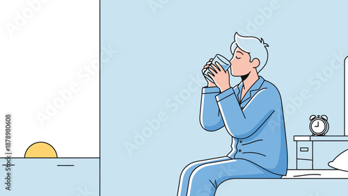Man in blue pajamas drinks water from glass sitting on bed side with alarm clock in morning bedroom scene new day starts dawn sunrise outside window