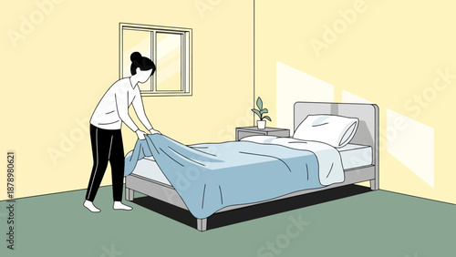 Person Making Bed Morning Routine Sunlight Entering Window Bedroom Interior Peaceful Daily Domestic Task Refreshing Home Environment