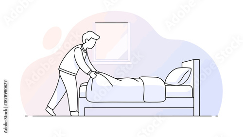 Man Making Bed with White Linens and Pillow in Simple Room Interior Near Window with Soft Light and Pastel Hues Showing Daily Routine Activity