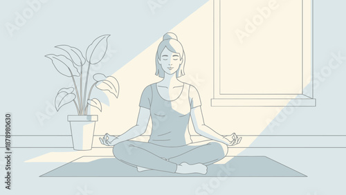 Woman meditating peacefully indoors with gentle sunlight streaming through the window onto her and a houseplant