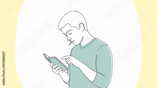 Young man engrossed in his handheld device interacting with digital content on screen with finger touch technology