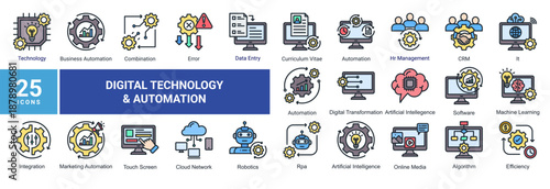 Digital Technology & Automation icon set featuring AI,software,IT systems,cloud computing,robotics,automation,machine learning,and digital transformation concepts.