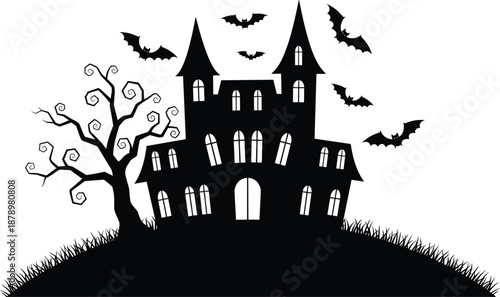Spooky Halloween Haunted House Silhouette Featuring Gothic Castle Architecture Flying Bats Dead Gnarled Tree and Grassy Hill Representing Scary Night Horror Celebration and Mystery