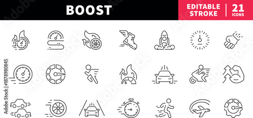 Speed and performance editable line icons set: fast, dynamic symbols