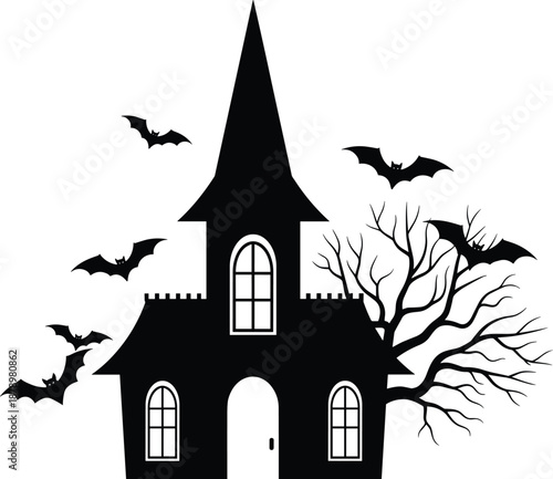 Spooky Haunted House Silhouette with Flying Bats and Bare Dead Tree Branches for Halloween Party Invitation Background Gothic Horror Castle Graphic Illustration