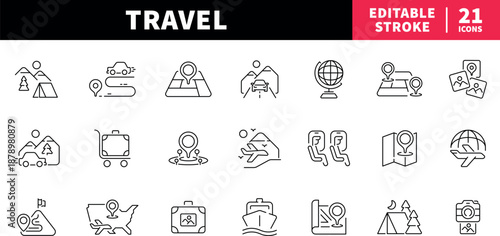 Travel editable line icons set: vacation and trip symbols