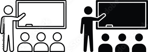 Teacher Presenting on Blackboard Icon Set Featuring Professor Lecturing Students in Classroom for Education School Learning University Training Seminar and Corporate Business Presentation Workshop