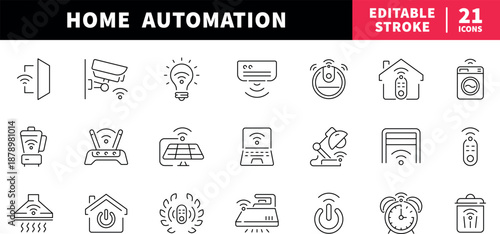 Home automation editable line icons set. smart technology and remote control