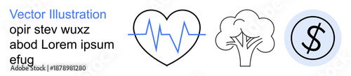 Healthcare, environmental care, financial management, economy, well-being, sustainability. Heartbeat, tree and dollar sign symbols. Healthcare and environmental care concepts