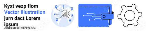 Digital payments, fintech solutions, data visualization, system optimization, network connections, user interface design. Icons feature a digital wallet, network nodes gear symbol. Digital payments