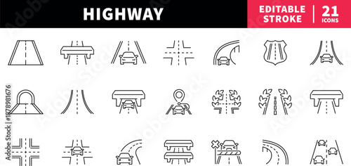 Highway and road editable line icons set. traffic and route symbols