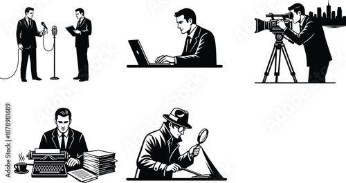 Journalism and investigation illustration set, media professions, reporting tools, detective work, digital and traditional styles, flat vector illustration