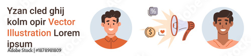 Marketing, communication, advertising, promotions, public speaking, outreach. Two male faces and a megaphone surrounded by icons thumbs up percentage, a heart and a coin. Marketing and communication