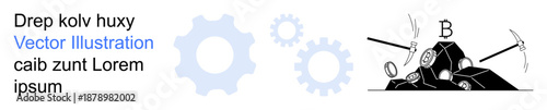 Cryptocurrency, blockchain technology, digital currency, mining process, decentralized finance, financial innovation. Pickaxes hitting a rock of Bitcoins, with gears in the background. Cryptocurrency