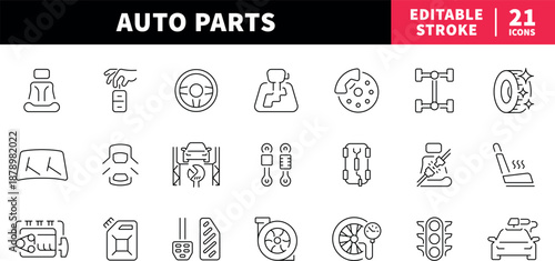 Auto parts editable line icons set. car and vehicle components design