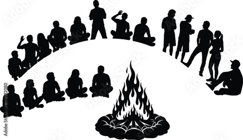 People sitting around campfire silhouette, group gathering outdoor activity, community teamwork concept, black vector illustration isolated on white background
