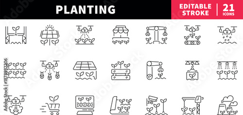 Planting editable line icons set. gardening and farming visuals