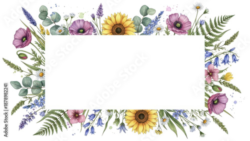 Wild flowers watercolor frame botanical hand drawn illustration
