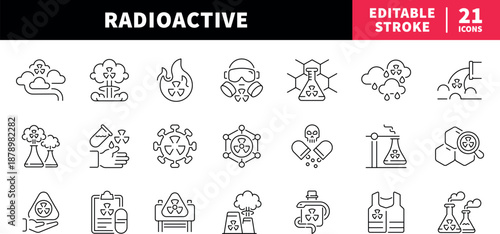 Radioactive editable line icons set. hazard and safety symbols