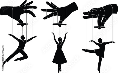 Marionette puppet control concept illustration, human figures manipulated by giant hands with strings, power influence symbolism, black silhouette vector isolated on white background