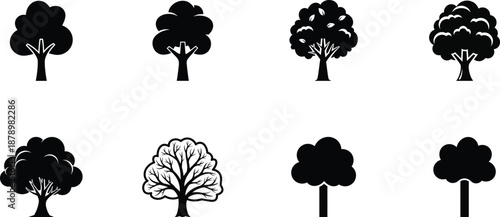 Collection of eight different silhouette trees on white background