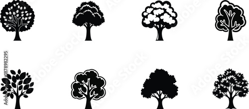 Collection of various silhouette trees in different shapes and sizes