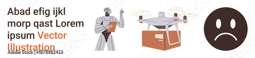 Artificial intelligence, robotics, quadcopter technology, logistics, emotions, package delivery. Robot analyzing notes, a delivery Quadcopter and a sad face icon. AI and robotics conceptual