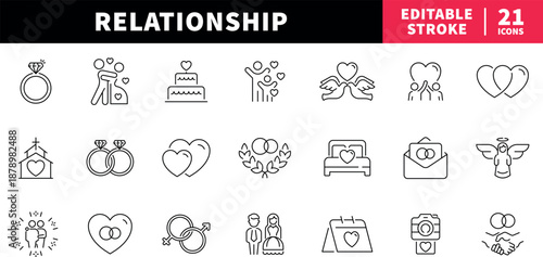 Relationship editable line icons set. engagement and wedding symbols