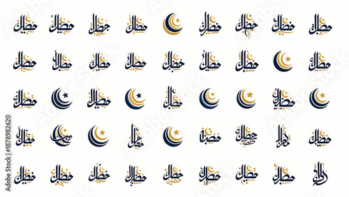 collection of elegant Arabic calligraphy for the holy month of Ramadan, featuring elegant crescent moon motifs and traditional Islamic design elements for festive celebrations