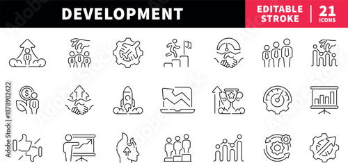 Business development editable line icons set. growth and strategy symbols