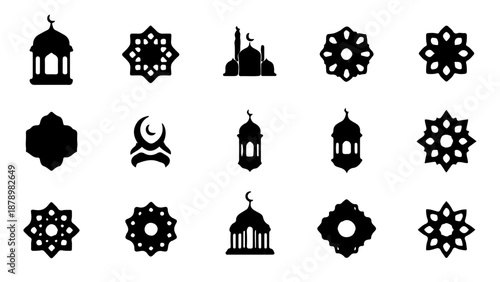 Collection of Islamic symbols and motifs featuring lanterns, crescent moons, mosques, and geometric patterns, perfect for religious and cultural designs