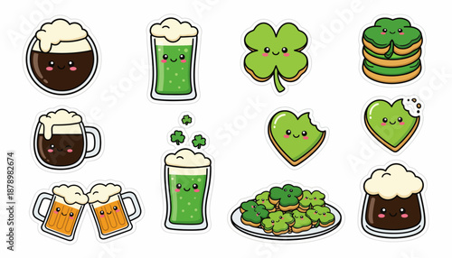 A collection of cute, kawaii-style St. Patrick's Day themed illustrations featuring beer, shamrocks, and cookies.