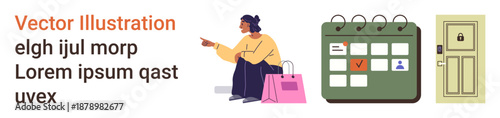 Online shopping, appointment planning, security, retail therapy, scheduling, lifestyle management. Woman sitting with bags, marked calendar secured door. Online shopping and appointment planning