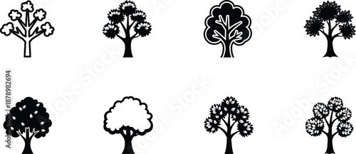 Collection of eight different silhouette trees in various shapes and sizes