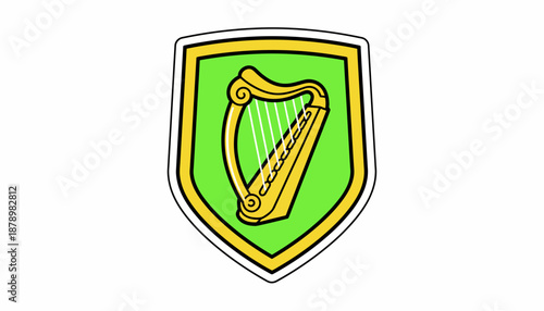 A stylized green shield with a golden harp emblem, symbolizing Ireland.