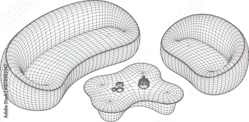 Modern living room furniture sketched in a blueprint-style wireframe illustration. Capturing the essence of contemporary design with a minimalist aesthetic.