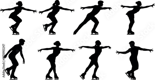 Figure Skating Silhouettes Set Featuring Male and Female Skaters Performing Glides Spirals and Artistic Poses for Winter Sports Graphic Design