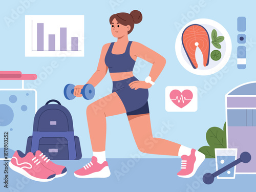 Woman Fitness Illustration – Exercise, Nutrition, and Hydration Routine