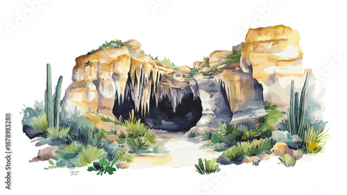 Carlsbad Caverns National Park. Carlsbad Caverns National Park hand drawn watercolor illustration