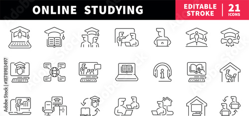 Online studying editable line icons set: education, learning symbols