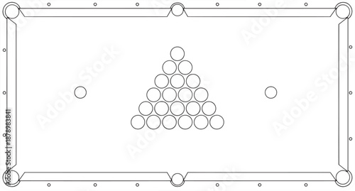 An overhead illustration captures a precisely rendered pool table, complete with pockets, and a neat arrangement of billiard balls, the image embodies meticulous design and geometric precision.
