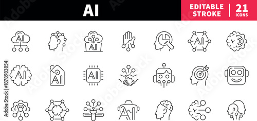 Ai and technology editable line icons set. innovation and tech symbols