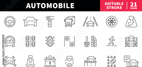 Automobile editable line icons set: car and vehicle symbols
